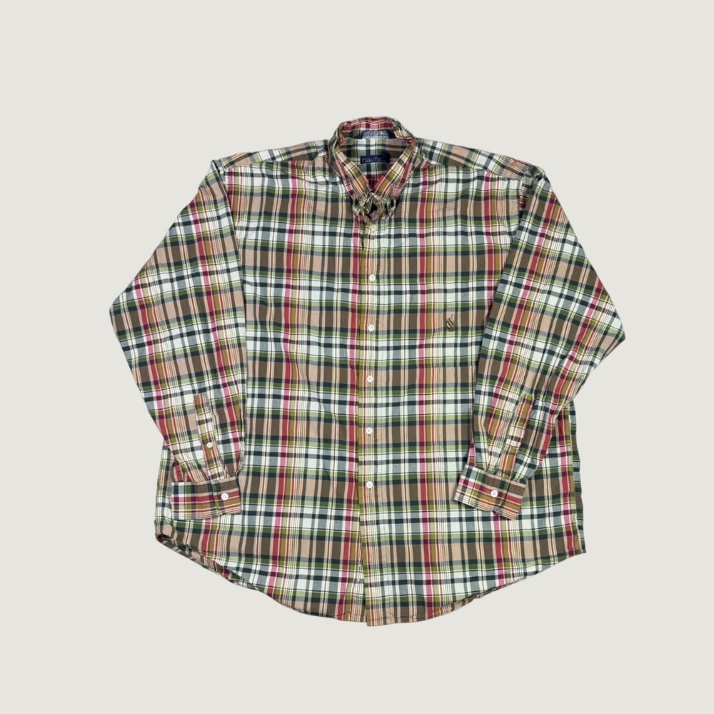 Nautica Mens XL Plaid Button Down Shirt Long Sleeve Green Red Tan Cotton Blend